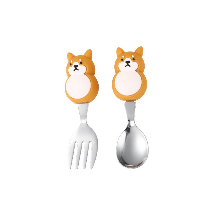 Stainless Steel Kids Spoon & Fork Set, Silicone Baby Spoons, Cute Cartoon Animal Shaped, For Baby Feeding & Complementary Food