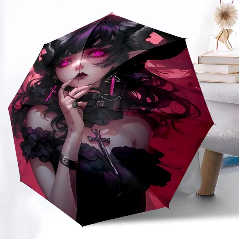 1pc Gothic Devil Girl Design Automatic Opening/Closing Umbrella with Cross Pendant, Portable Folding Design, Outdoor for Fans, Travelers, Daily U