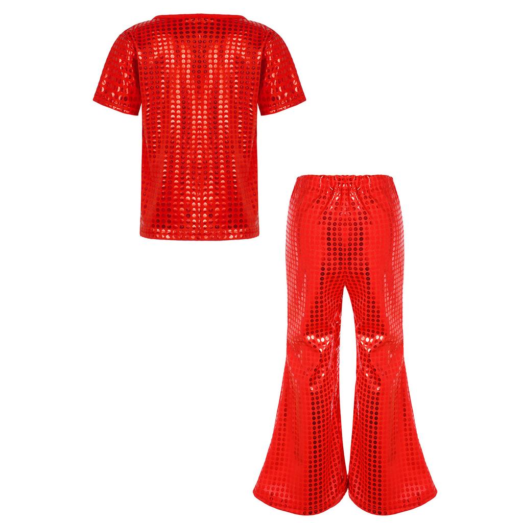 Kids Boys Girls Sequined T-Shirt Elastic Waist Flared Pants Stage Performance Glitter Outfit