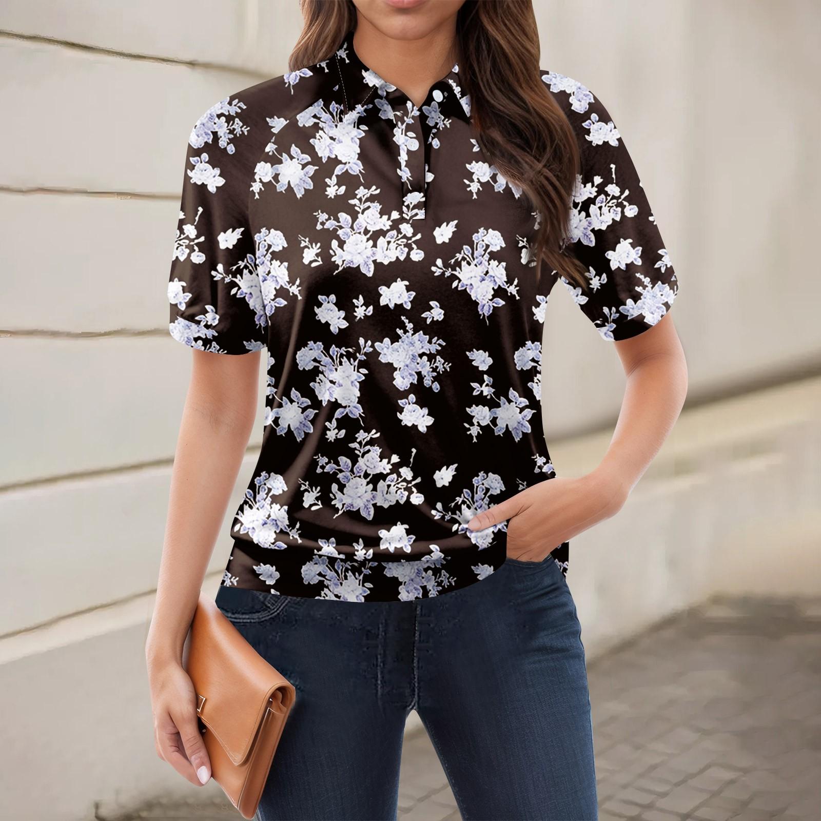 

Женская повседневная футболка с v-образным вырезом и коротким рукавом с цветочным принтом и декоративными пуговицами, топ M кофейный