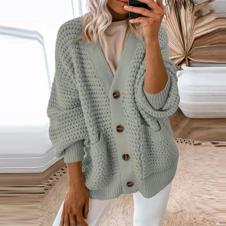 Damski sweter kardigan z grubej dzianiny na co dzień z długim rękawem zapinany z przodu jednolity kolor moda