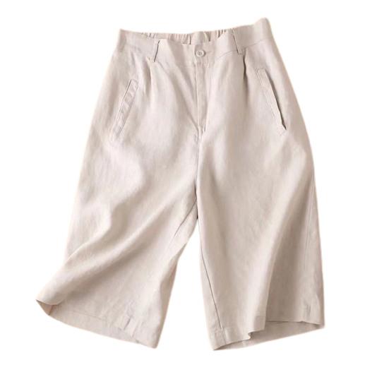 

Women Cotton Linen Suit Shorts Elastic Waistband Women Shorts High Waist Straight Wide Leg A Line Work Shorts Casual Short Pants XXL бежевий