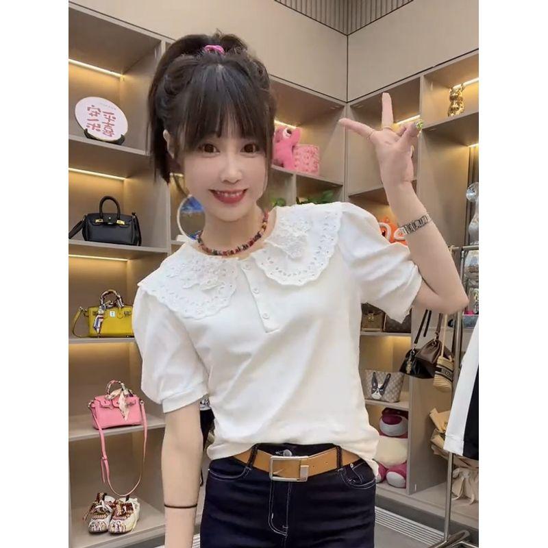 

European Goods White Younger Lace Peter Pan Collar T-shirt Female 2025 Summer New Design Sense Niche Style Slim Looking Short Sleeve White L