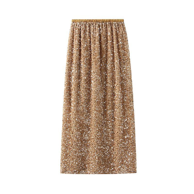 Sequin Elastic Waist Loose Split Skirt Sequin Elastic Waist Loose Skirt