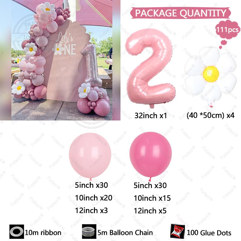 111pcs Daisy Flower Theme Party Decoration Pink Numbers 1-9 Birthday Balloon Set Baby Shower Photography Props Festival Supplies