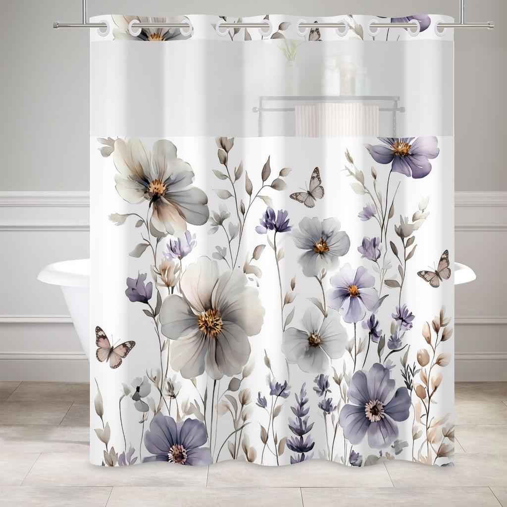 Elegant Floral Shower Curtain Double Layer Waterproof Watercolour Plants Modern Bath Curtain Polyester Home Bathroom Decoration