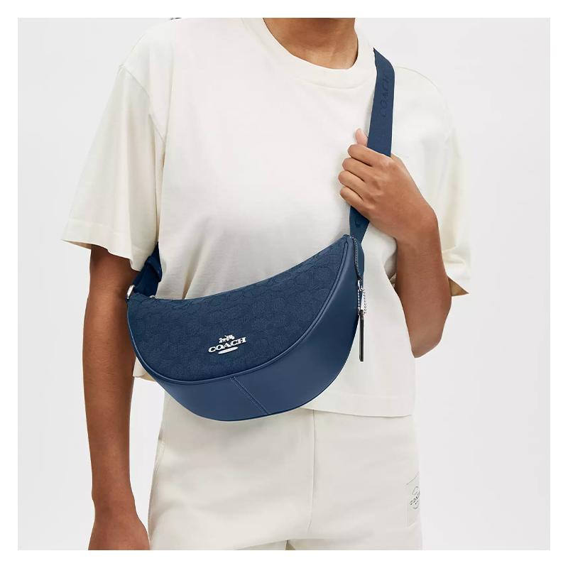 COACH Pace 29 Top zip closure Metal logo Signature jacquard and fine calfskin Crossbody shoulder bag Large Women's Dark denim blue