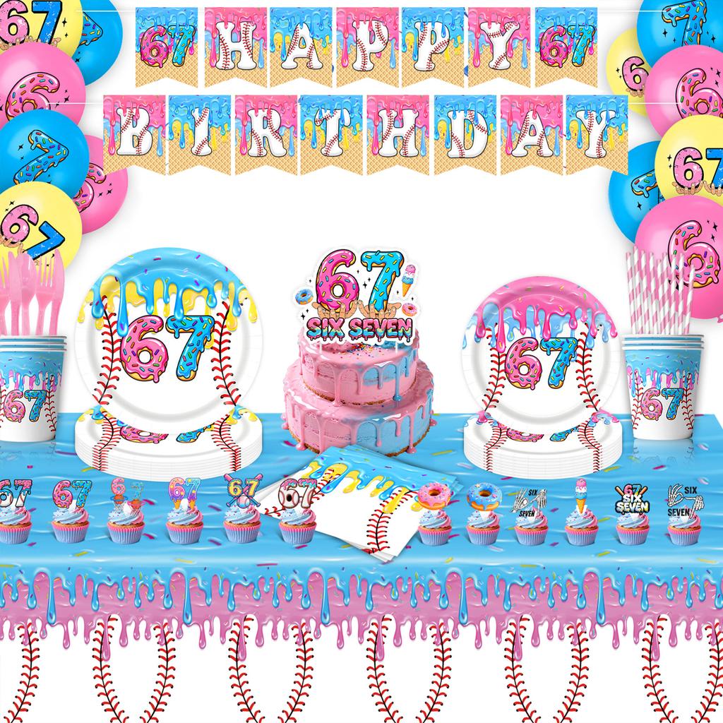 Baseball Donut Ice 67 themed Birthday Disposable Paper Tableware with Cups Plates Cake Topper Gift Bag Party Supplies