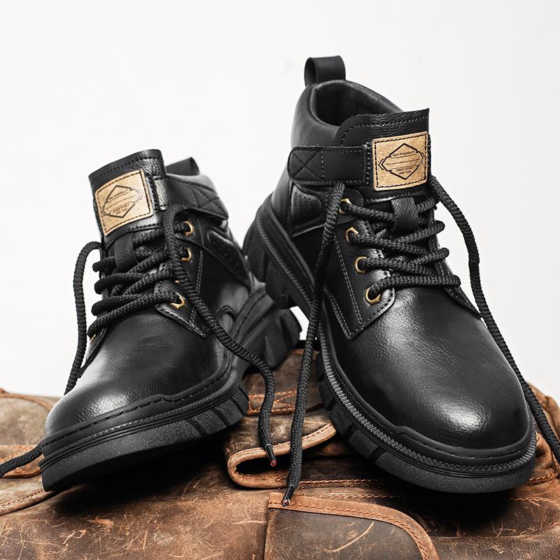 Britisk Stil Herre Fritidssko i Lær Business Herresko Snøring Høye Basic Støvler Merkevare Mann Vinter Motorsykkelstøvler