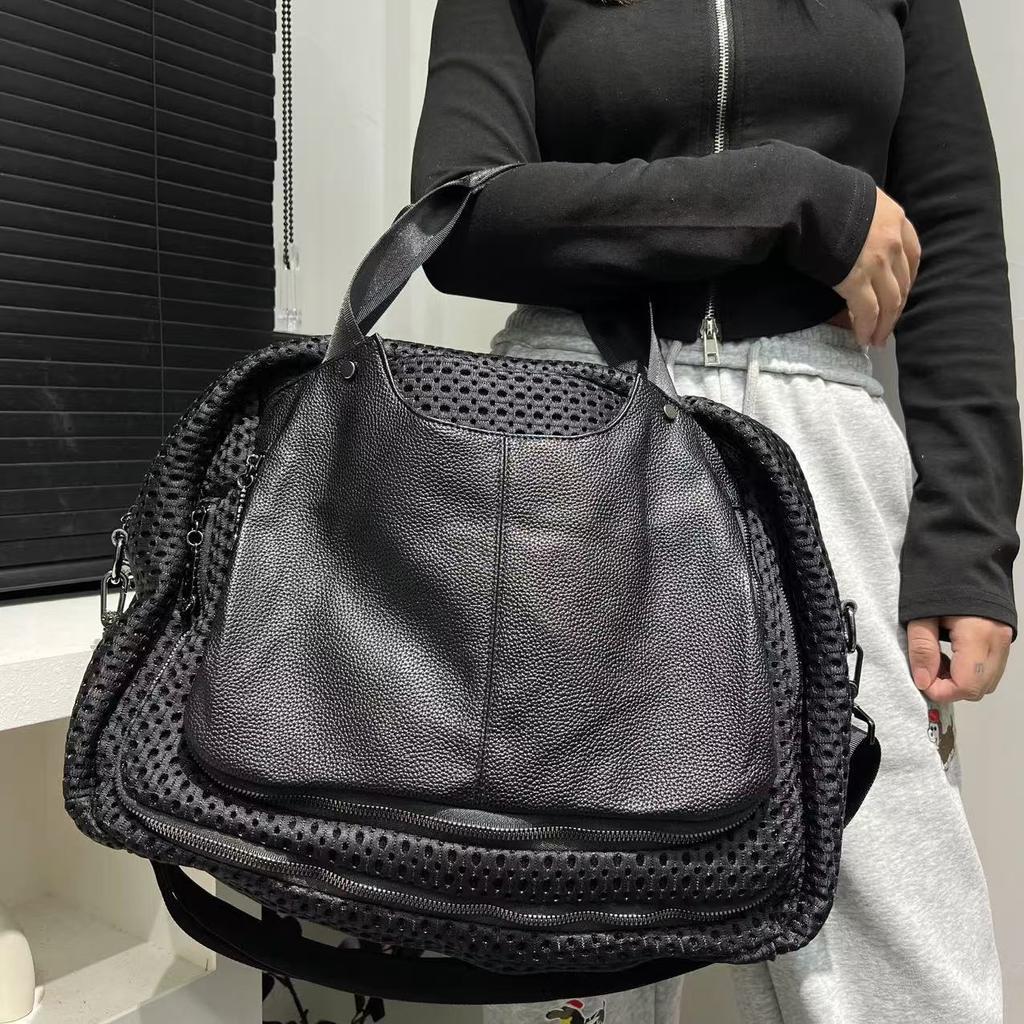 Women'S Mesh Splicing Leather Tote Bag Large Capacity Casual Versatile Shoulder Bag