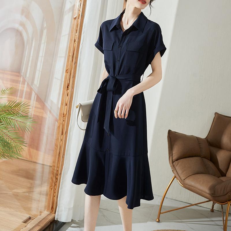 

Офисное женское модное платье женское простое с поясом и карманом длинное платье вечернее миди платье XS темно-синий