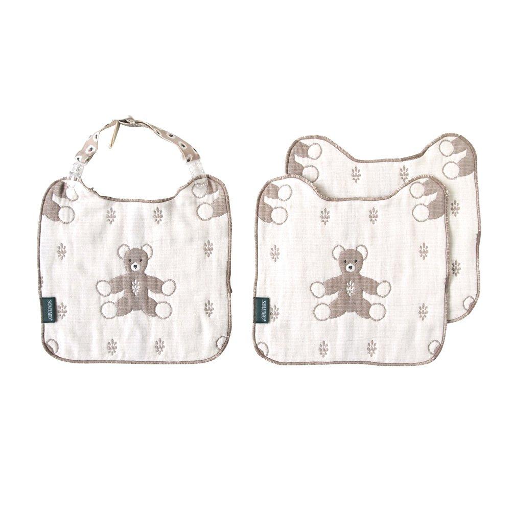 10mois SOULEIADO Fluffy Gauze Clip Handkerchief Bib Set Mon Nunus Brown - (6-ply Gauze) & 3-piece