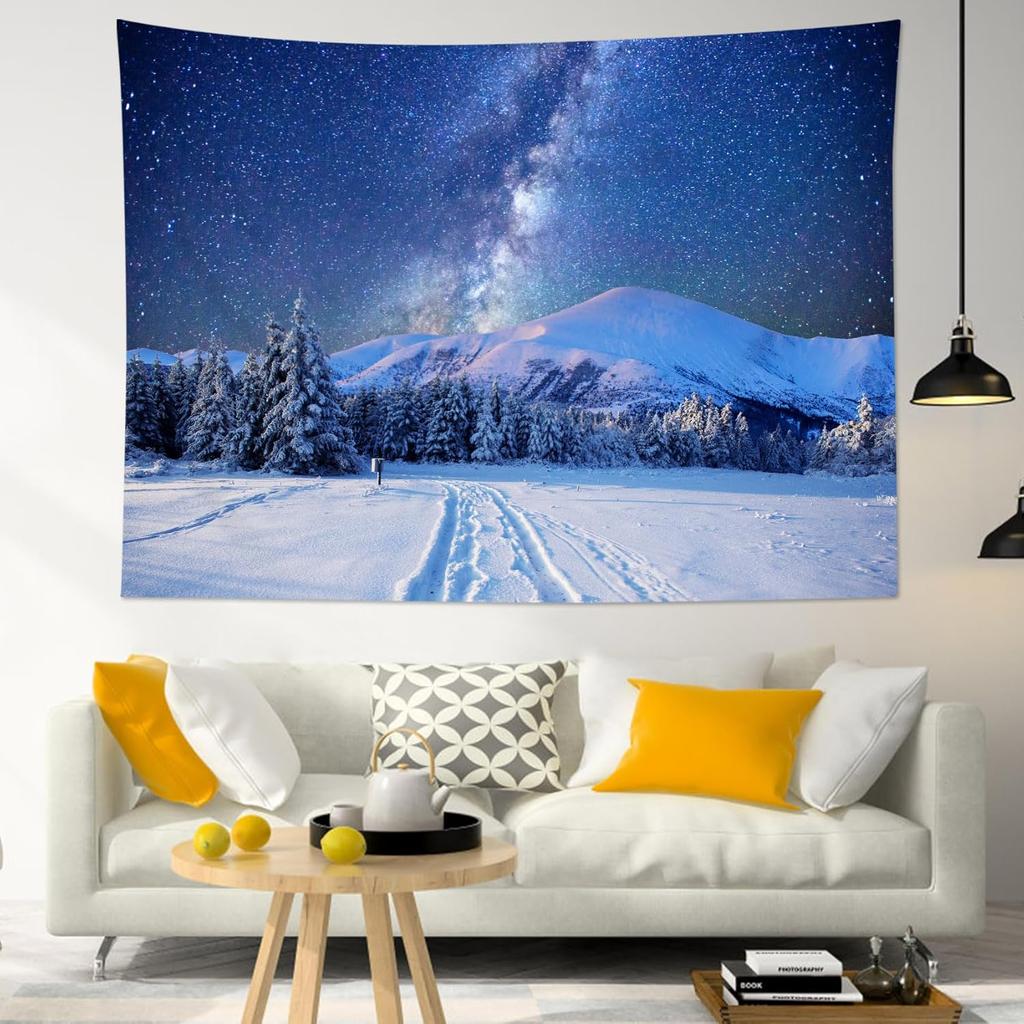 Starry Sky Tapestry Snow Mountain Wall Hanging Pine Tree Forest Tapestries for Bedroom Living Room Dorm Decor,80Wx60H inches