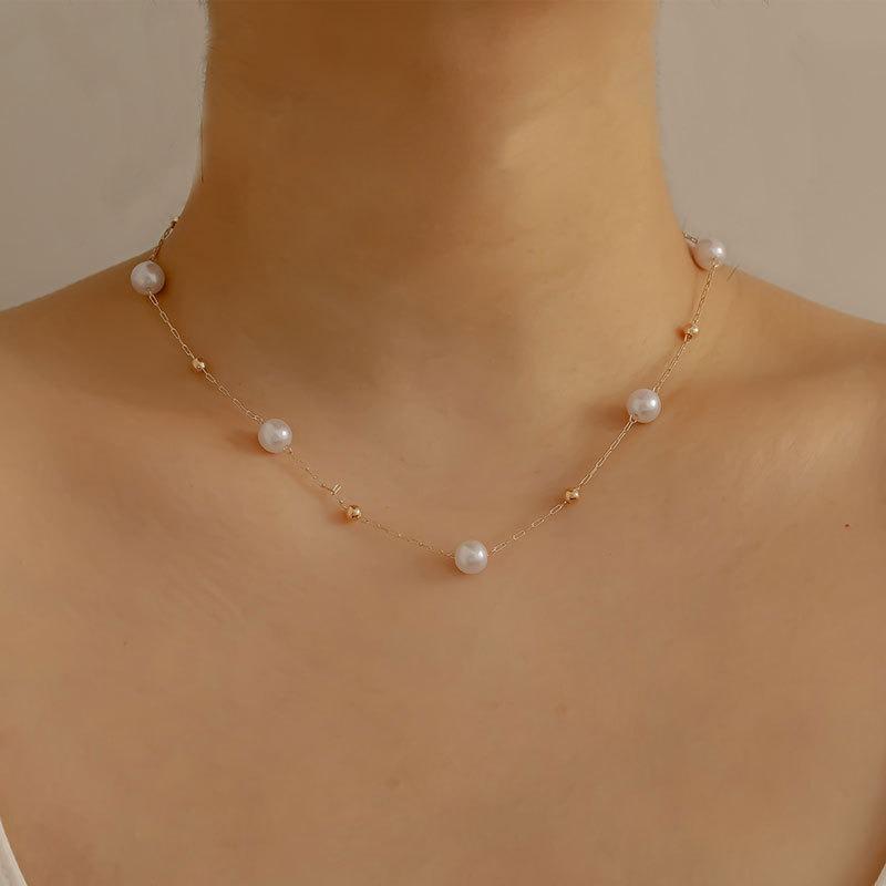 Imitation Pearl Necklace for Women Simple Fashionable Light Luxury and Cold Style Metal Ball Clavicle Chain Jewelry