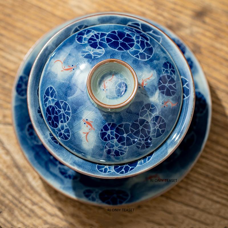 180ml Chinese Antique Ceramic Gaiwan Handmade Lotus Fish Tea Tureen Travel Portable Tea Bowl Household Teaware Accessories