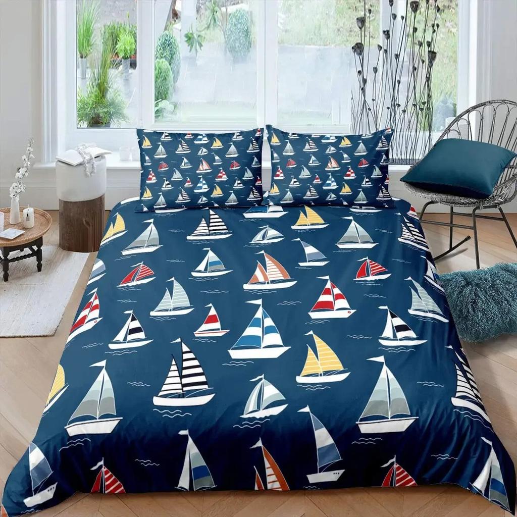 Pirate Sailboat Duvet Cover Nautical Ocean Theme Boys Teen Bedding Cool Style Adult Bedding Set Wave Pattern Printed Room Decor