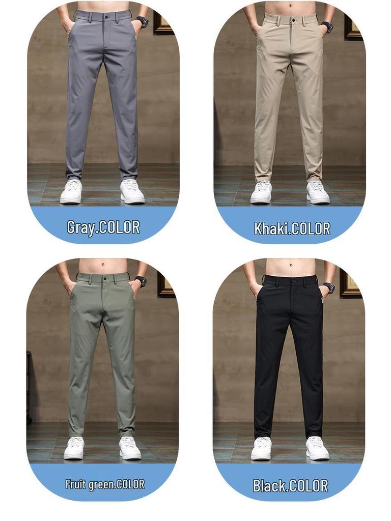 Men's Summer Slim Fit Four-Way Stretch Ice Silk Pants - Trendy Casual Straight Leg Suit Style