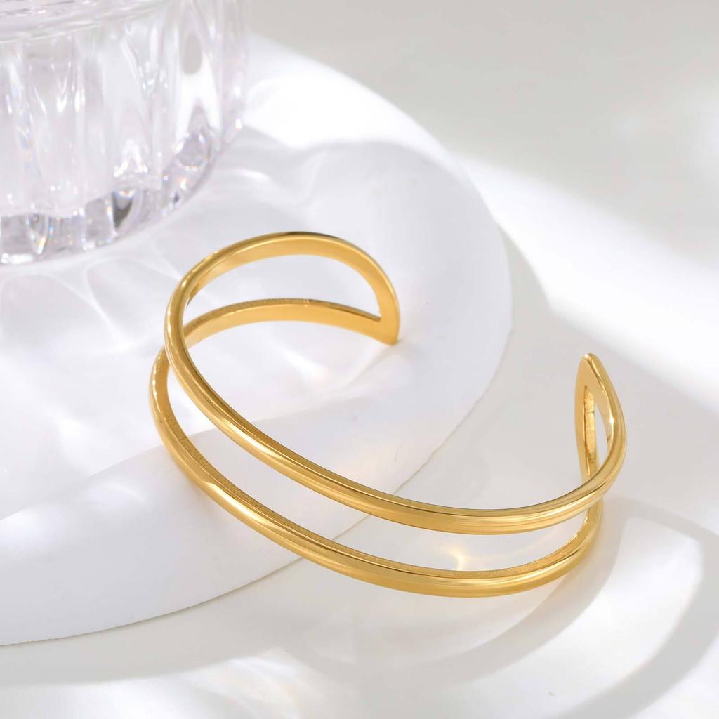 Vnox Minimalist Stainless Steel Double Cuff Bracelet, Geometric Aesthetics Gold Plated Bangles, Women's Hand Arm Jewelry Gifts