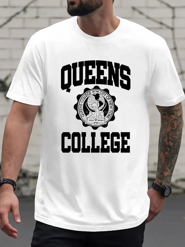 Queens College Emblem & Bold Print T-shirt - Black with White Graphic