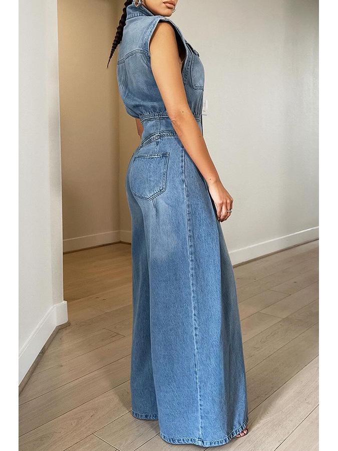Elegant Women's Sleeveless Washed Denim Jumpsuit with Wide-Leg Pants