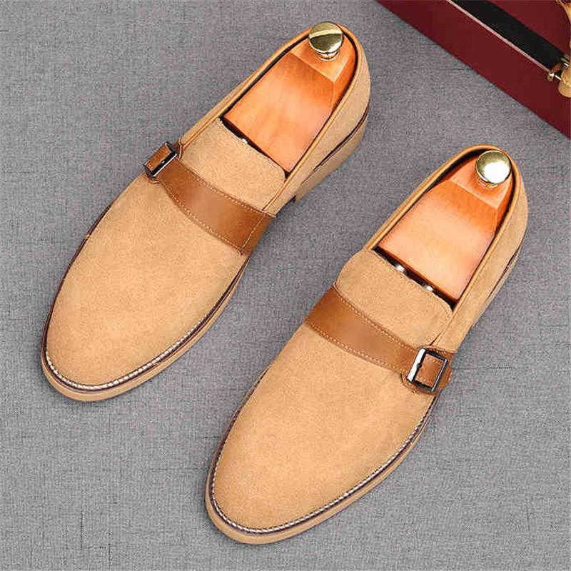 Fashion Fashion New Men's Pointed Genuine Leather Flats Monk Strap Shoes Brown Yellow Designer Male Homecoming Wedding Dress Footwear