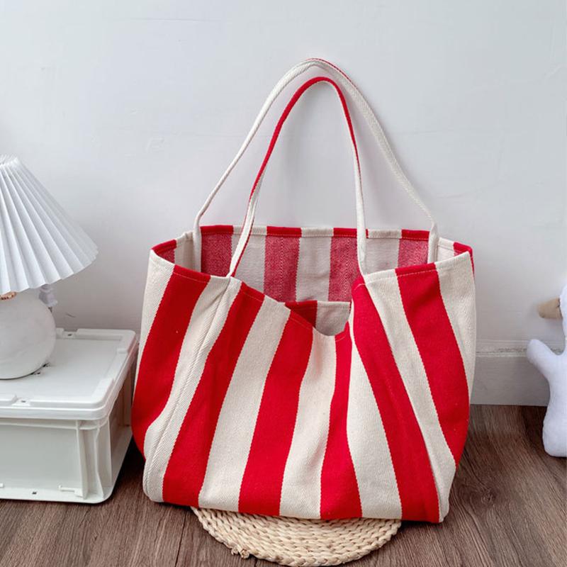 Große Canvas-Henkeltasche Damen Sommer Streifen Einfache Damen Freizeit-Handtasche Outdoor-Umhängetasche