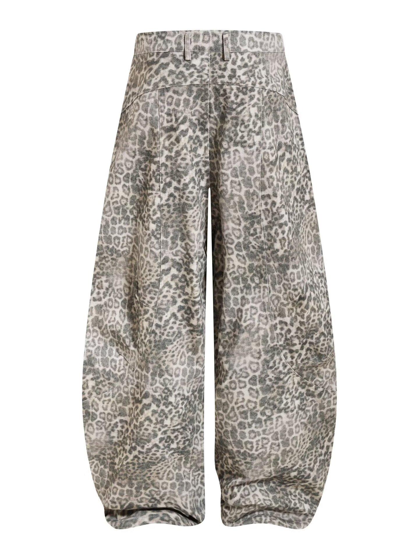 Vintage Washed Leopard Print Relaxed Fit Women s Floor-Length Jeans XL