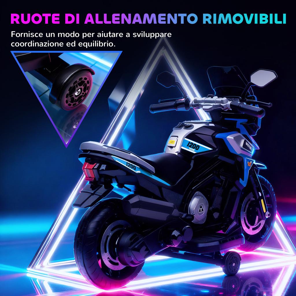 Moto Elettrica per Bambini con Rotelle, Specchietti e Poggiapiedi, in PP e Metallo, 85,5x44,5x56 cm, Blu