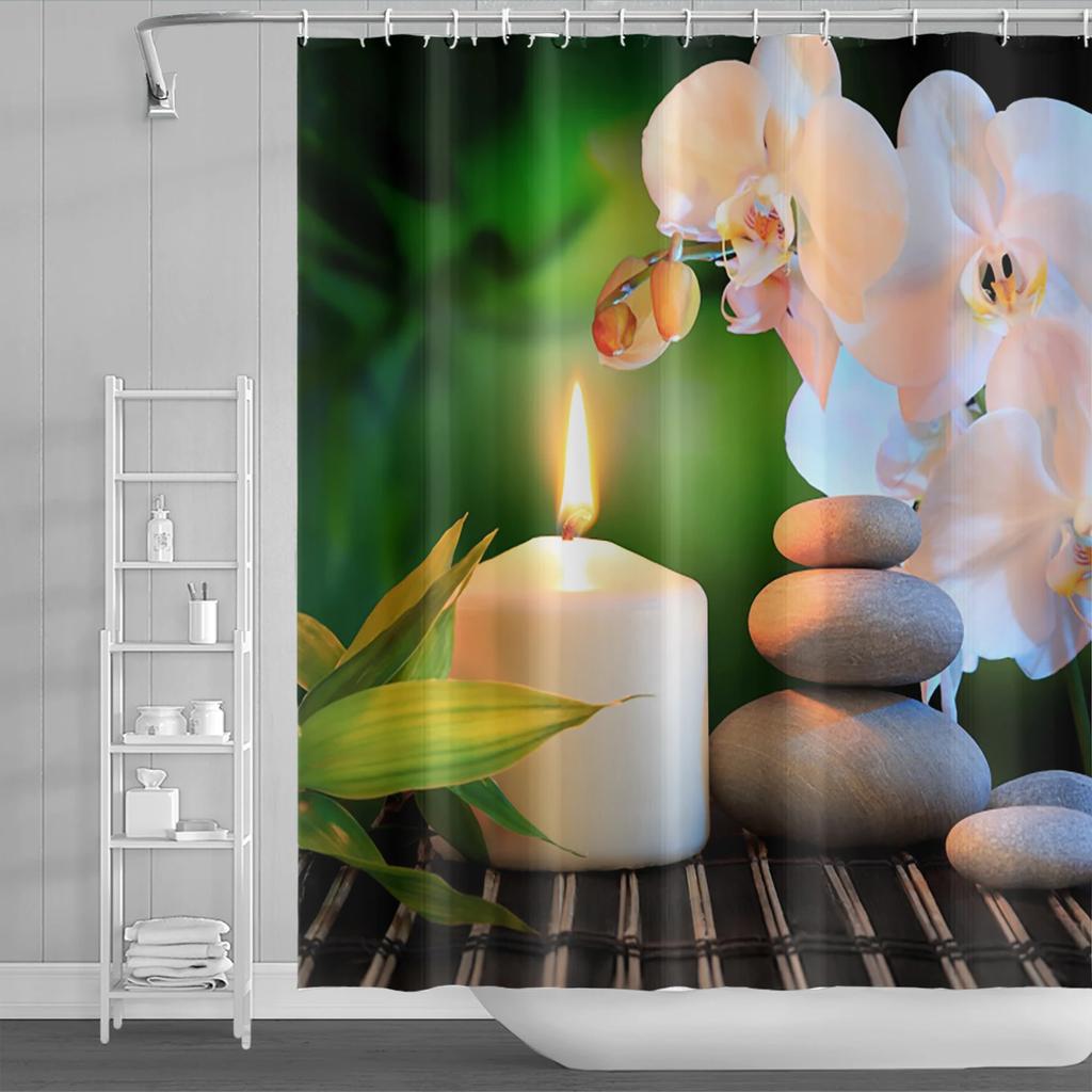 Spa Buddha Water Yoga Shower Curtain Rural Landscape Creek Stone Lotus Buddha Waterproof Polyester Bathroom Curtain With Hooks