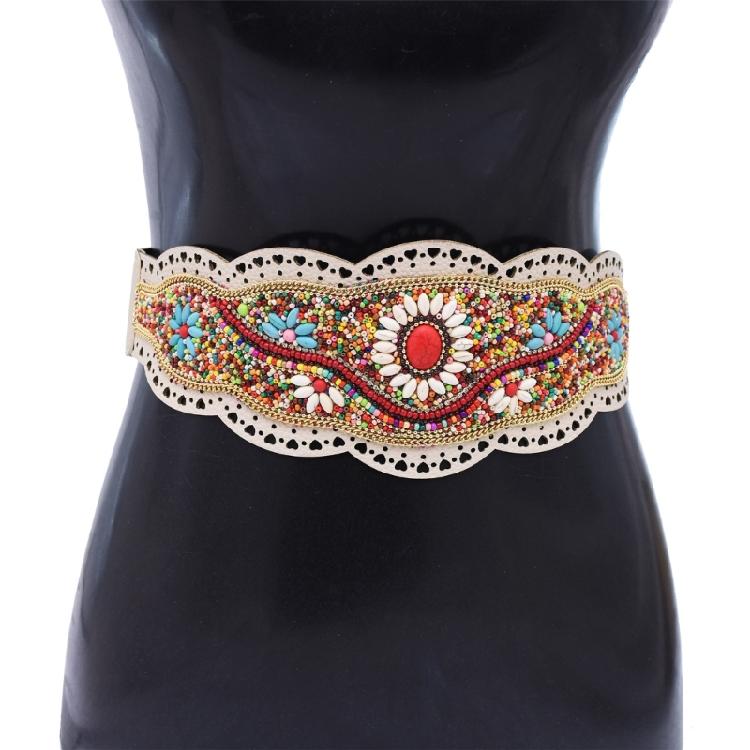 Ethnic Beaded Waist Cincher Stretch Waistband Bohemian Belt Body Girdle Feature Floral Accent for Women's Clothing