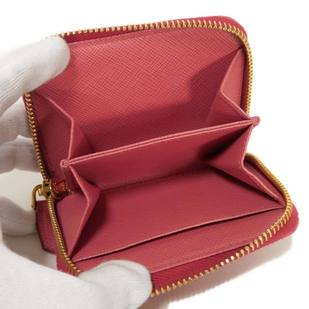 Used 11569 Saffiano Coin Purse 1MM268 QHH F0505 7943 Pink Zip Around Card Case with Triangle Logo Peonia Ladies from