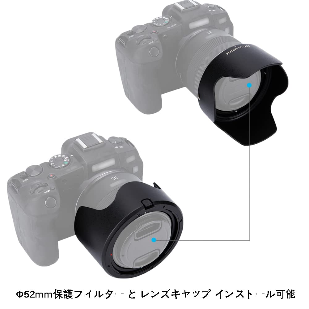 Parasolar reversibil JJC pentru Canon RF 35mm MACRO IS STM Compatibil cu Canon EOS și RP Compatibil cu filtre de protecție și capace de obiectiv Obiectiv F1.8,