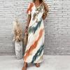 Women Plus Size V Neck Short Sleeve Printed Blue Straight Maxi Dress