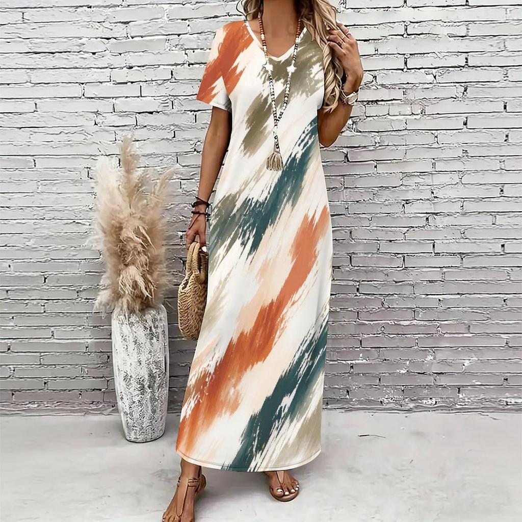 Women Plus Size V Neck Short Sleeve Printed Blue Straight Maxi Dress
