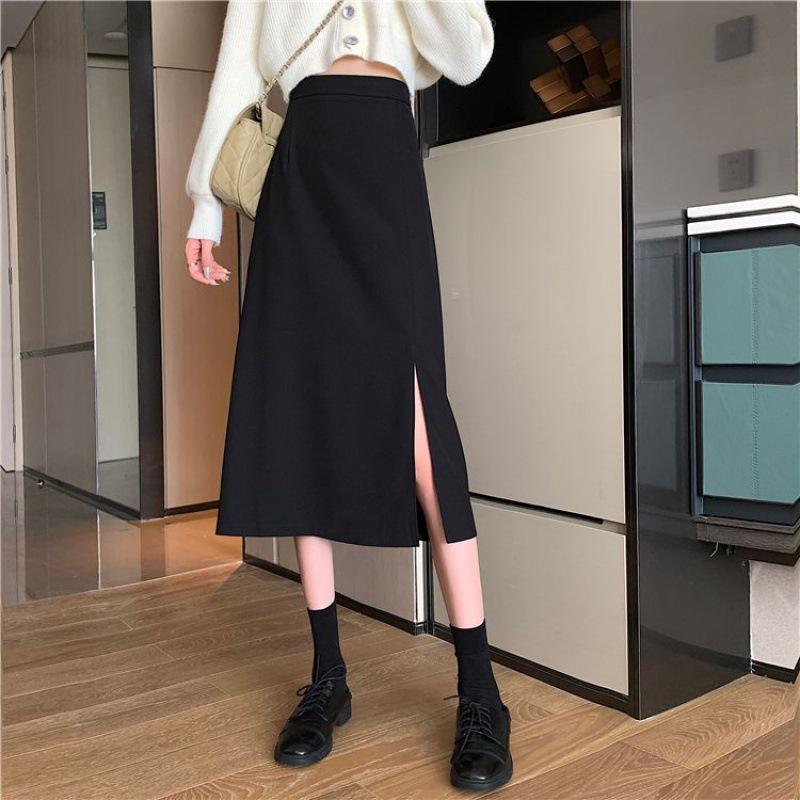 2021 Plus Size High Waist A-Line Midi Skirt - Black Slimming Bodycon with Slit