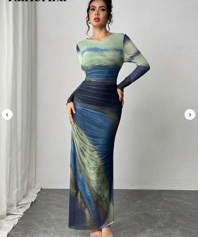 2024 European & American Fashion Mesh Print Ruffle Bodycon Dress