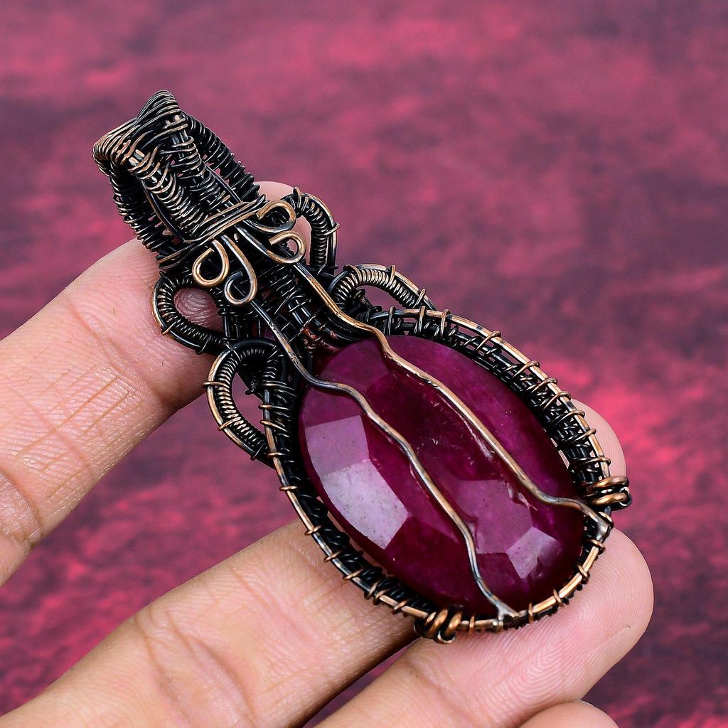 Faceted Kashmir Ruby Real Gemstone Pendant Copper Wire Wrapped Handmade Jewelry