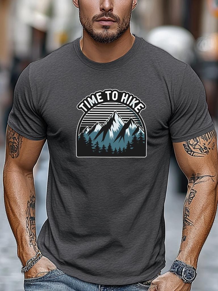 Mens Hiking TShirt Time To Hike Mountain Print Short Sleeve Round Neck Breathable Oversized Daily Wear TShirt