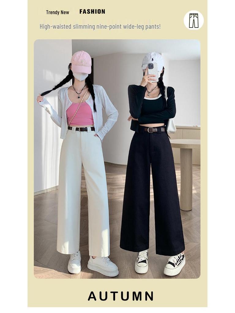 Women's Petite High-Waisted Tencel Washed Cotton Wide-Leg Slimming Cropped Pants