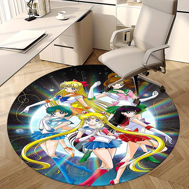1pc Sailor Moon Anime Cartoon Design Round Carpet Office Chair Mat, NonSlip Rug for Home Decor, Living Room, Bedroom, Game Room