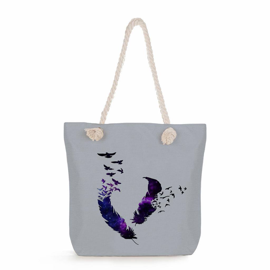 Feather print thick rope single-shoulder beach bag 7221
