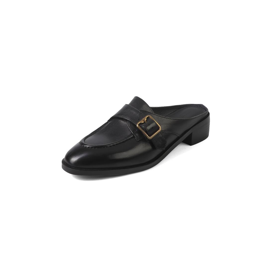 Fashion 2025 Women's New Spring/Summer Retro Round Toe Genuine Leather Sheepskin Headband Comfortable Mid Heel Large Muller Slippers