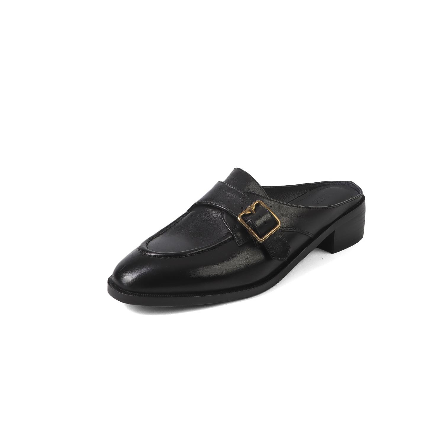 

Мода 2025 Женские Новые Весенне-Летние Ретро Круглый Носок Натуральная Кожа Овчина Повязка на Голову Удобный Средний Каблук Большие Шлепанцы Мюли 34 чёрный