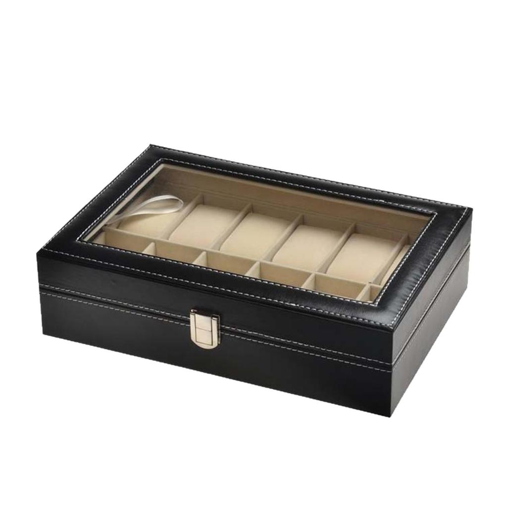 Schwarze Leder-Uhrenaufbewahrungsbox mit 12 Fächern und Perforationsmuster