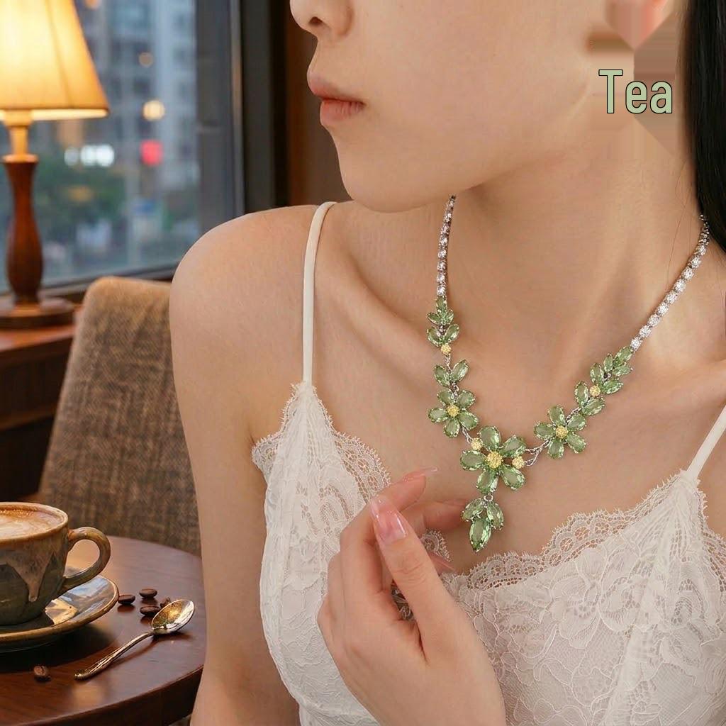 European & American Style Zircon Plum Blossom Necklace & Earrings Set – Green, Transparent, Chic Clavicle Design