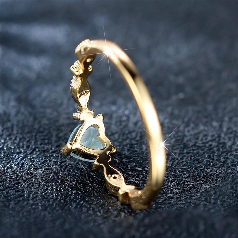 Cute Female Water Blue Zircon Stone Ring Trendy Yellow Gold Color Heart Engagement Bride Wedding Jewelry For Women