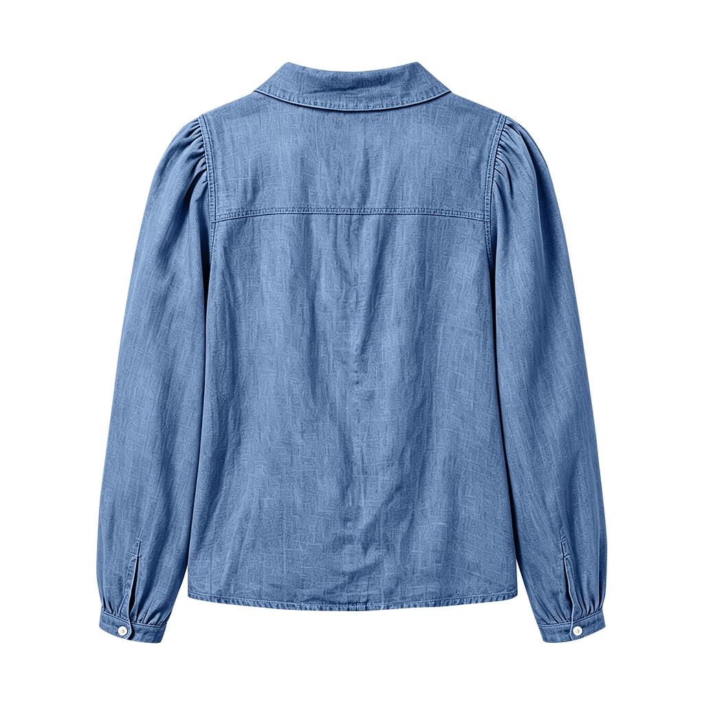 Women's Denim Button Down Shirt with Lapel Collar for Casual Daily Wear