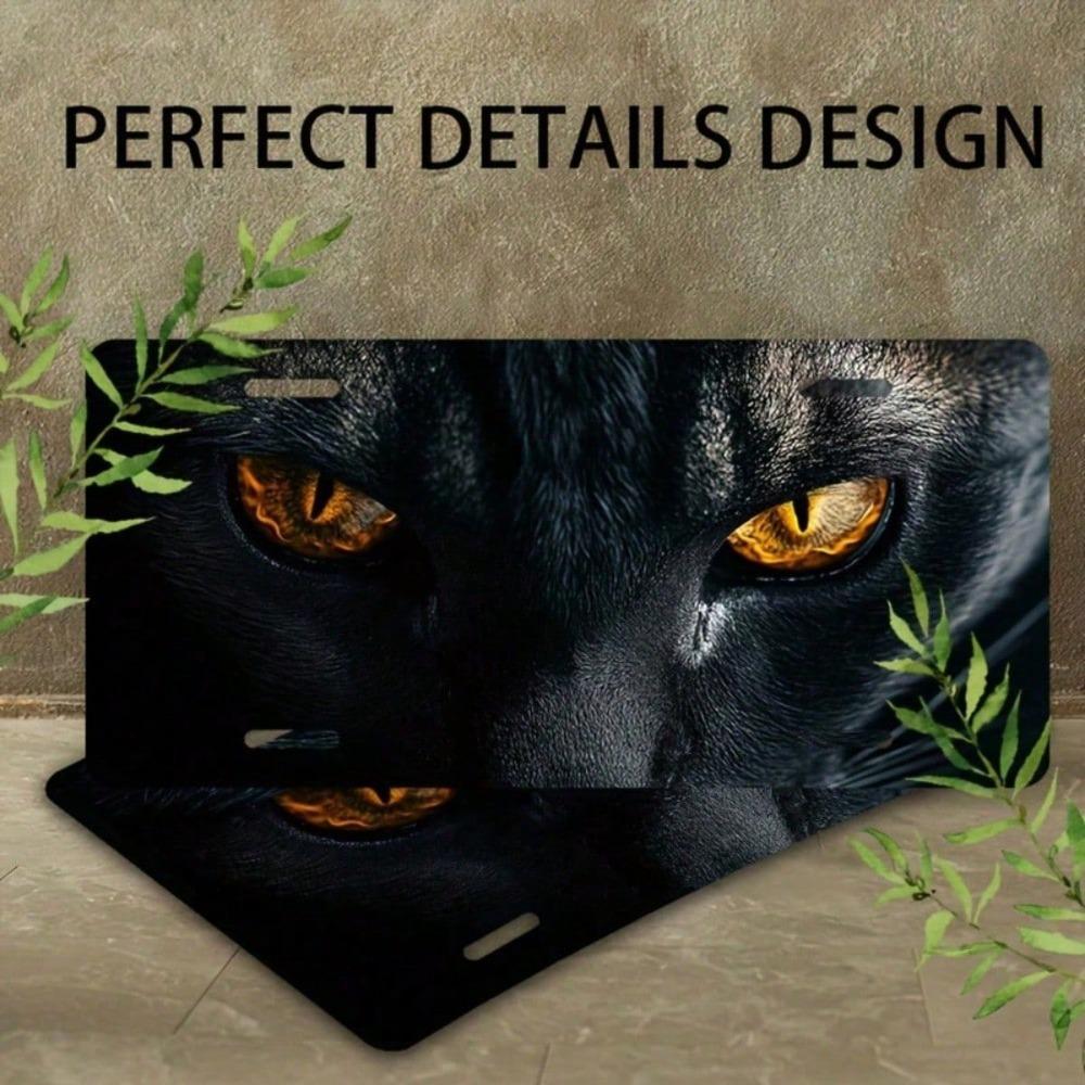 2D Flat Black Cat Orange Eyes License Plate Frame, Rustproof Aluminum Car Tag Cover, Universal 5.9x11.8 Inch Novelty Decor