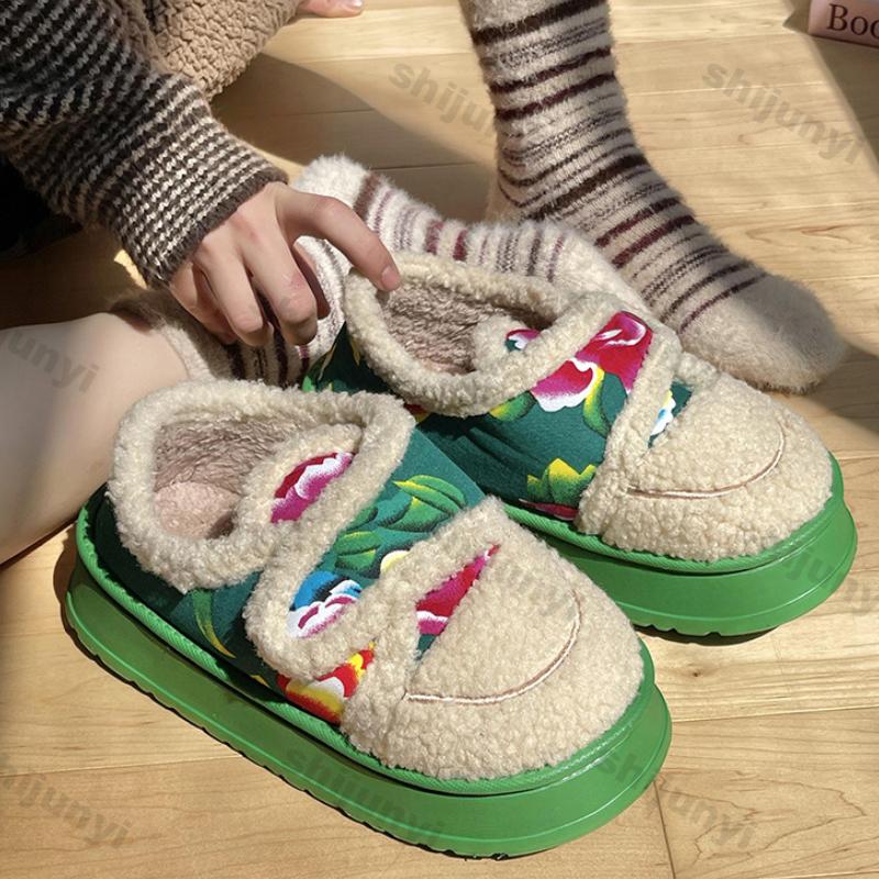 Fashion New Fashion Fluffy Platform Slippers for Women Winter Plush Warm Cotton Shoes Woman Comfort Non Slip Thick-soled Plush Slippers