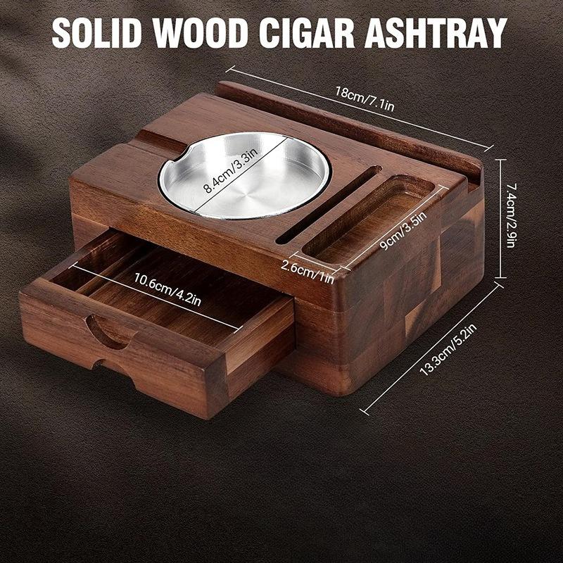American Style Wooden Cigar Ashtray Box - Solid Wood Drawer Design, Portable Car Ashtray for Cigars, Premium Cigar Accessory